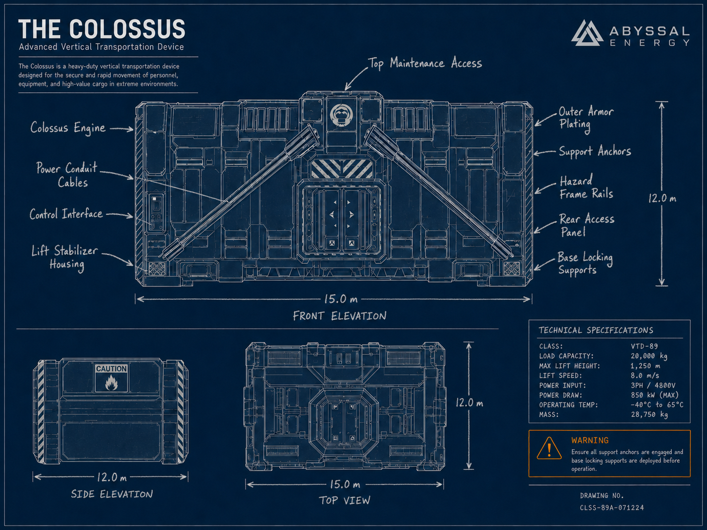 Blueprint anatomy diagram of The Colossus vertical transportation device